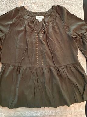 Liz Claiborne Olive Green Peasant Tunic with Tassel Tie